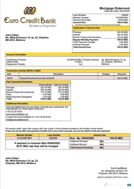 Download Moldova EuroCreditBank mortgage statement Word and PDF template Photoshop template